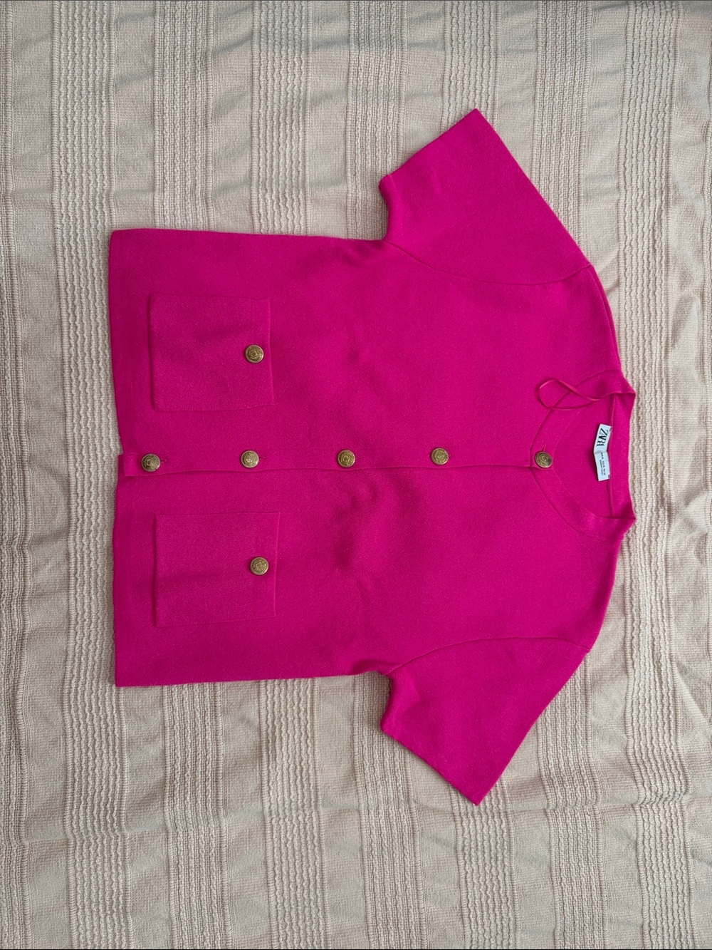 Zara Fuchsia Short-Sleeve Button-Down Cardigan with Gold Buttons